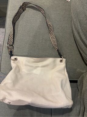 Mark & Graham Cream Pebbled Leather Shoulder Bag with Patterned Strap